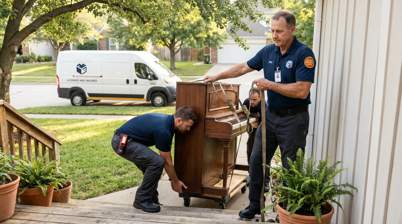 Licensed piano movers securing grand piano in Farrell, PA