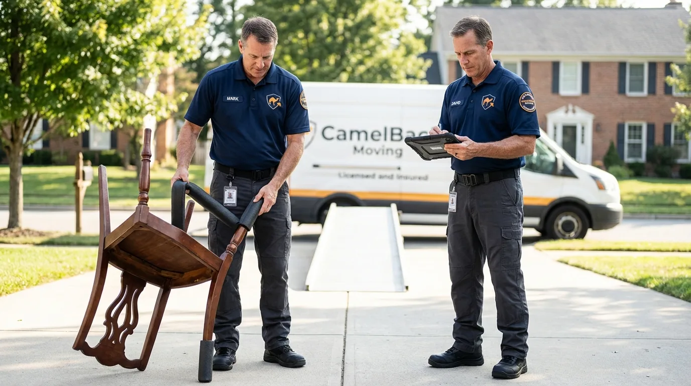 Movers inspecting furniture for damage prevention before loading in Farrell, PA