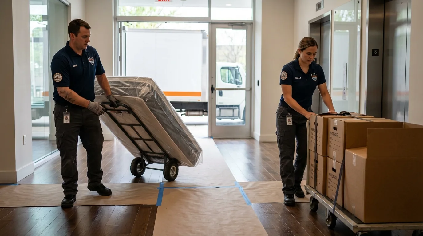 Professional apartment movers loading elevator in Farrell, PA